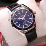 Copy Omega Seamaster GMT 45mm Watches SS Black Leather Strap